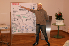 Das Bild zeigt den Illustrator, der sein gestaltetes Flipchart erklärt.