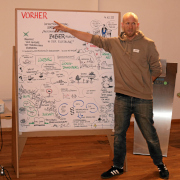 Das Bild zeigt den Illustrator, der sein gestaltetes Flipchart erklärt.