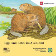 Das Bild zeigt das Cover der Broschüre "Biggi und Bobbi im Auenland", auf dem zwei illustrierte Biber abgebildet sind.